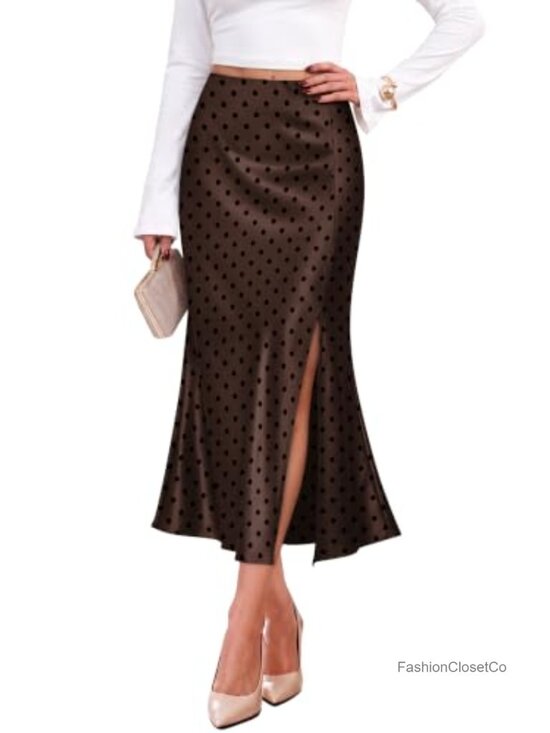 Dresses & Skirts - Satin Midi Skirt High Waisted Side Slit Cocktail Party A-Line